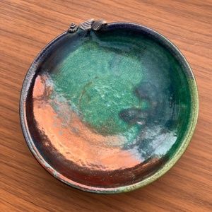 Handmade Shell adorned trinket dish. Signed, and beautiful colors. Holiday.